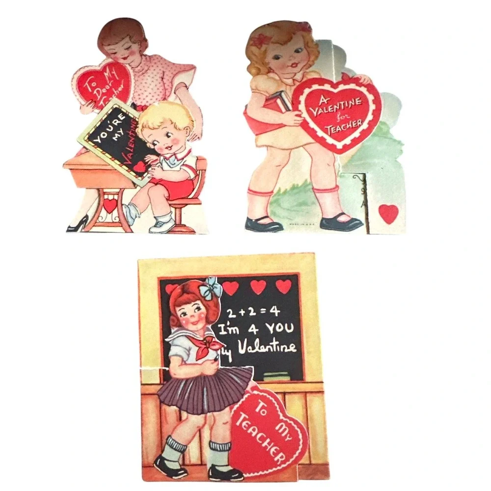 Vintage Teacher Valentine Cards Lot of 3 Mechanical Die Cut 1940s 1950s Ephemera